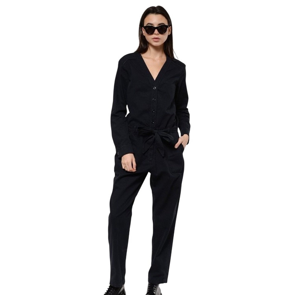 Xirena Wylder Jumpsuit Black Vintage Cotton V-Neck Long Sleeve Tie Waist Medium